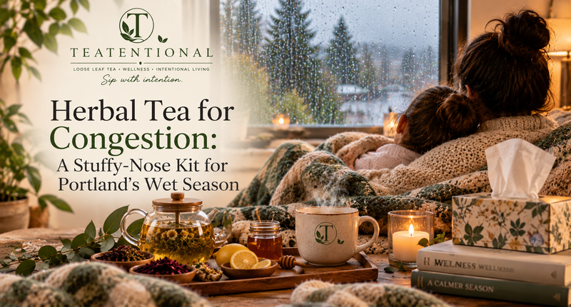 Herbal tea for congestion - steaming mint and ginger tea for a stuffy nose, Teatentional