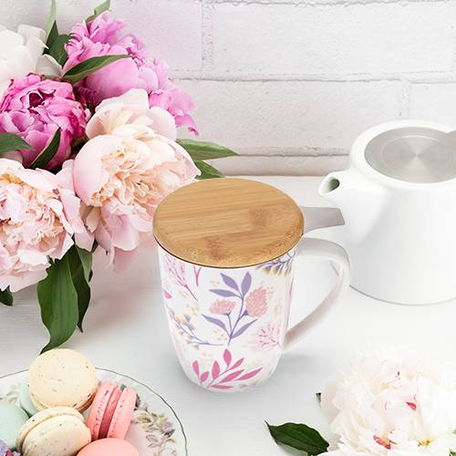 Ceramic Tea Mug | Botanical Bliss Design with Bamboo Infuser