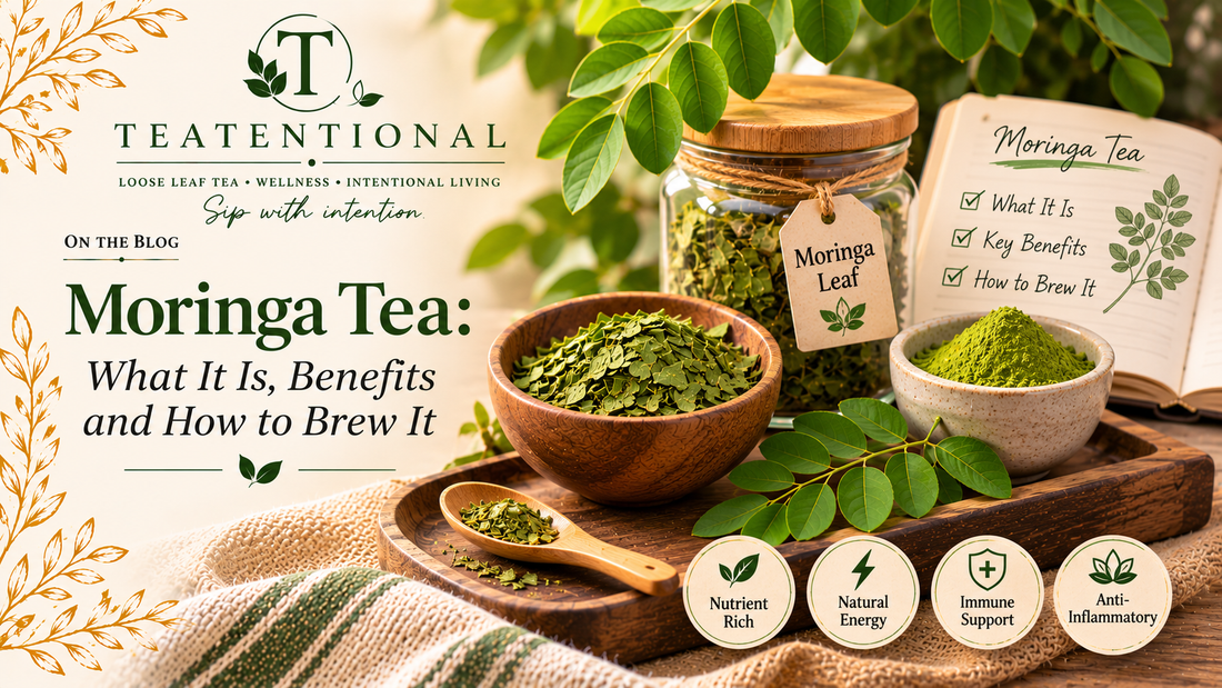 Moringa tea - a cup of Teatentional Sunrise Moringa loose leaf herbal tea