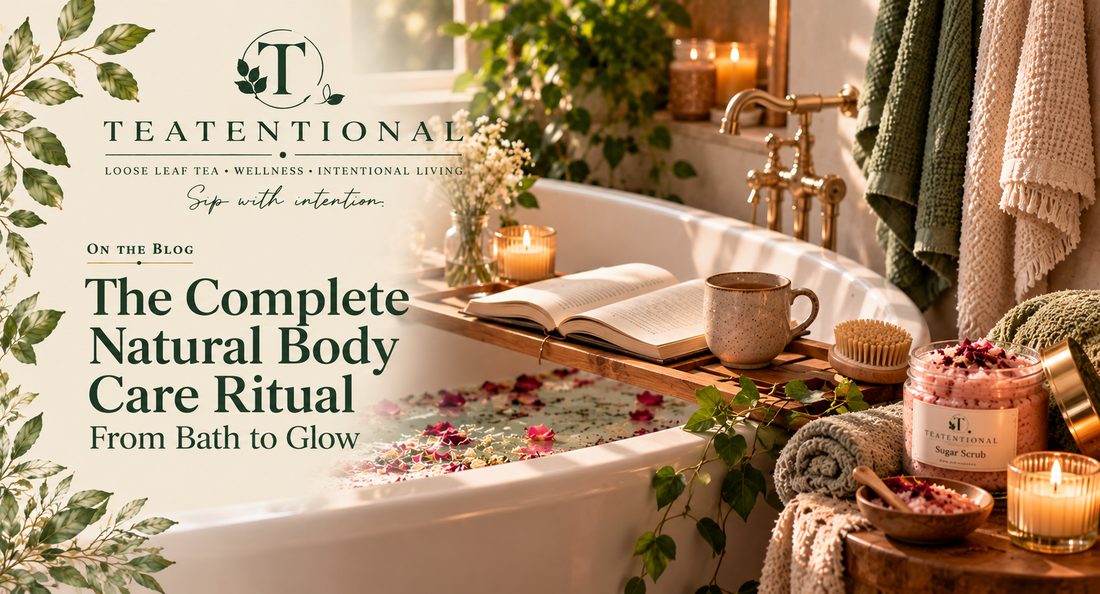 Natural body care ritual: bath soak, sugar scrub, body butter and body oil