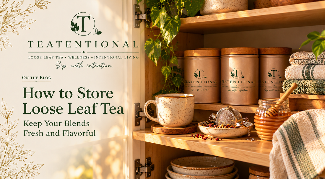 Loose leaf tea stored in airtight containers in a cabinet
