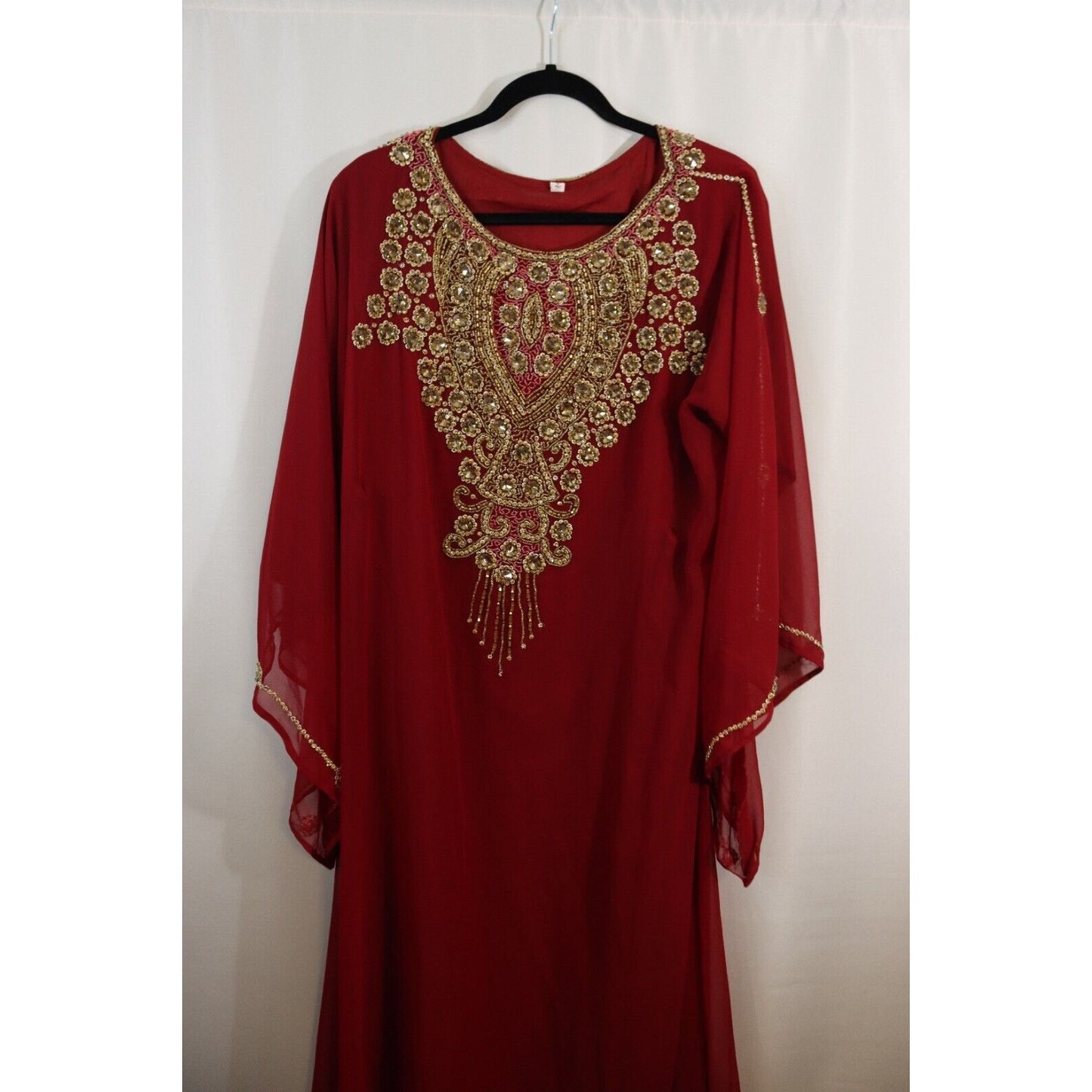 Abaya Kaftan Red Beaded Sheer Lined Size 58