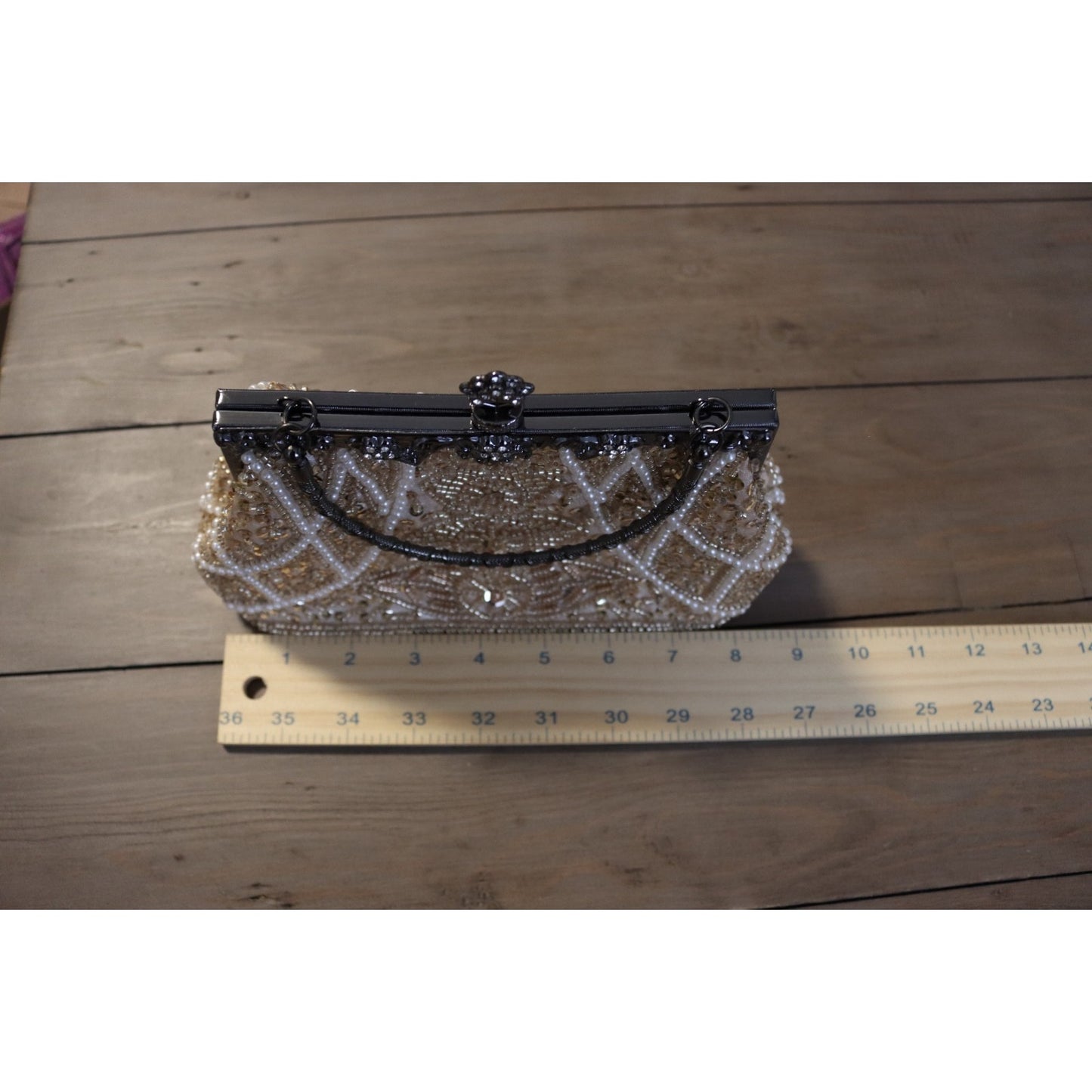 Vintage Inspired Beaded Ivory Bag Top Handle Clutch Gunmetal