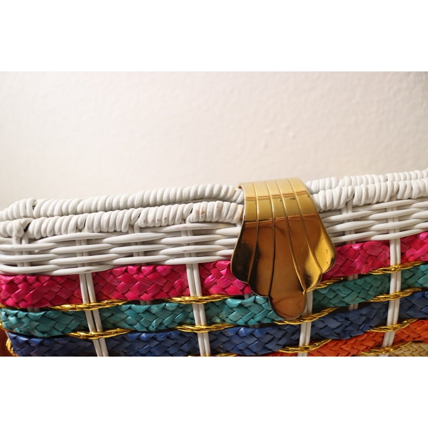 1960’s Rainbow Striped White Wicker Woven Basket Purse Bag Gold Tone Chain Strap
