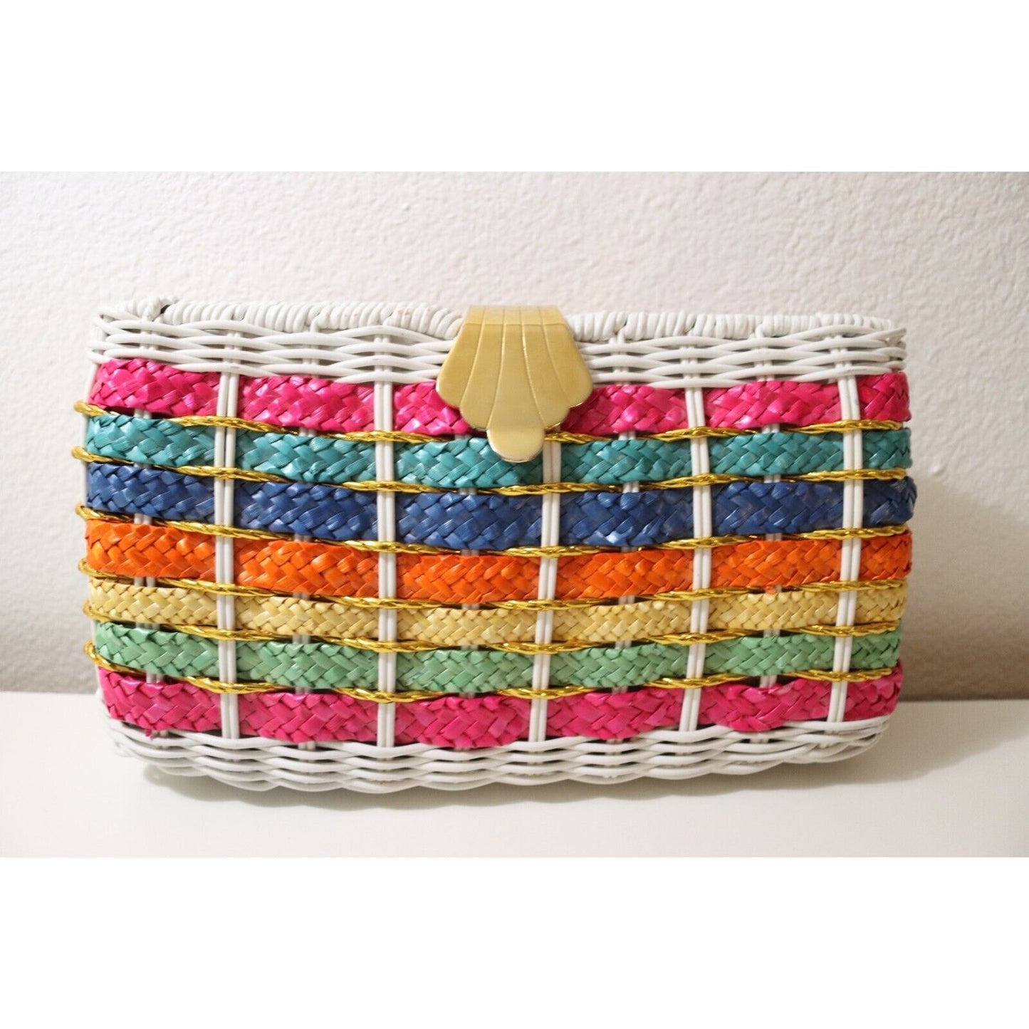 1960’s Rainbow Striped White Wicker Woven Basket Purse Bag Gold Tone Chain Strap