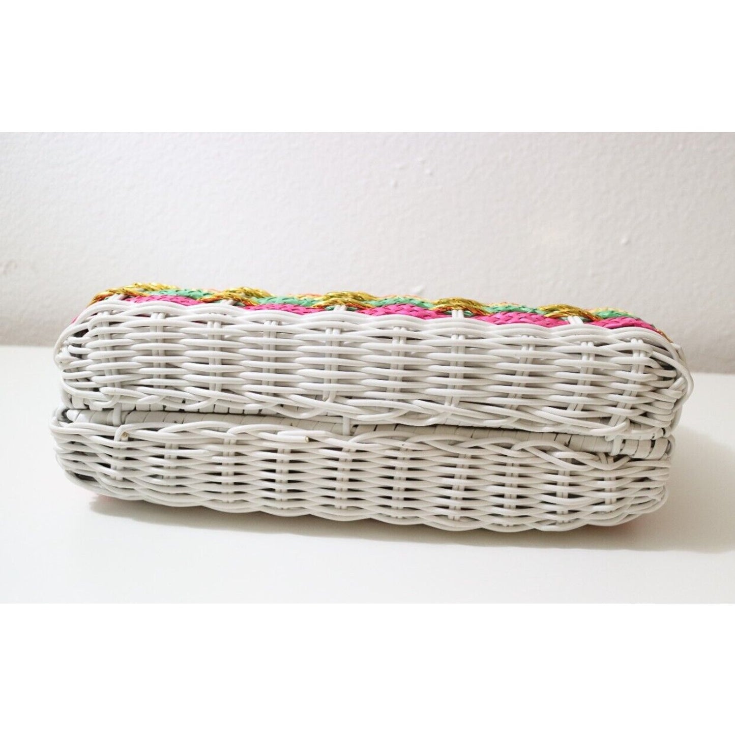 1960’s Rainbow Striped White Wicker Woven Basket Purse Bag Gold Tone Chain Strap