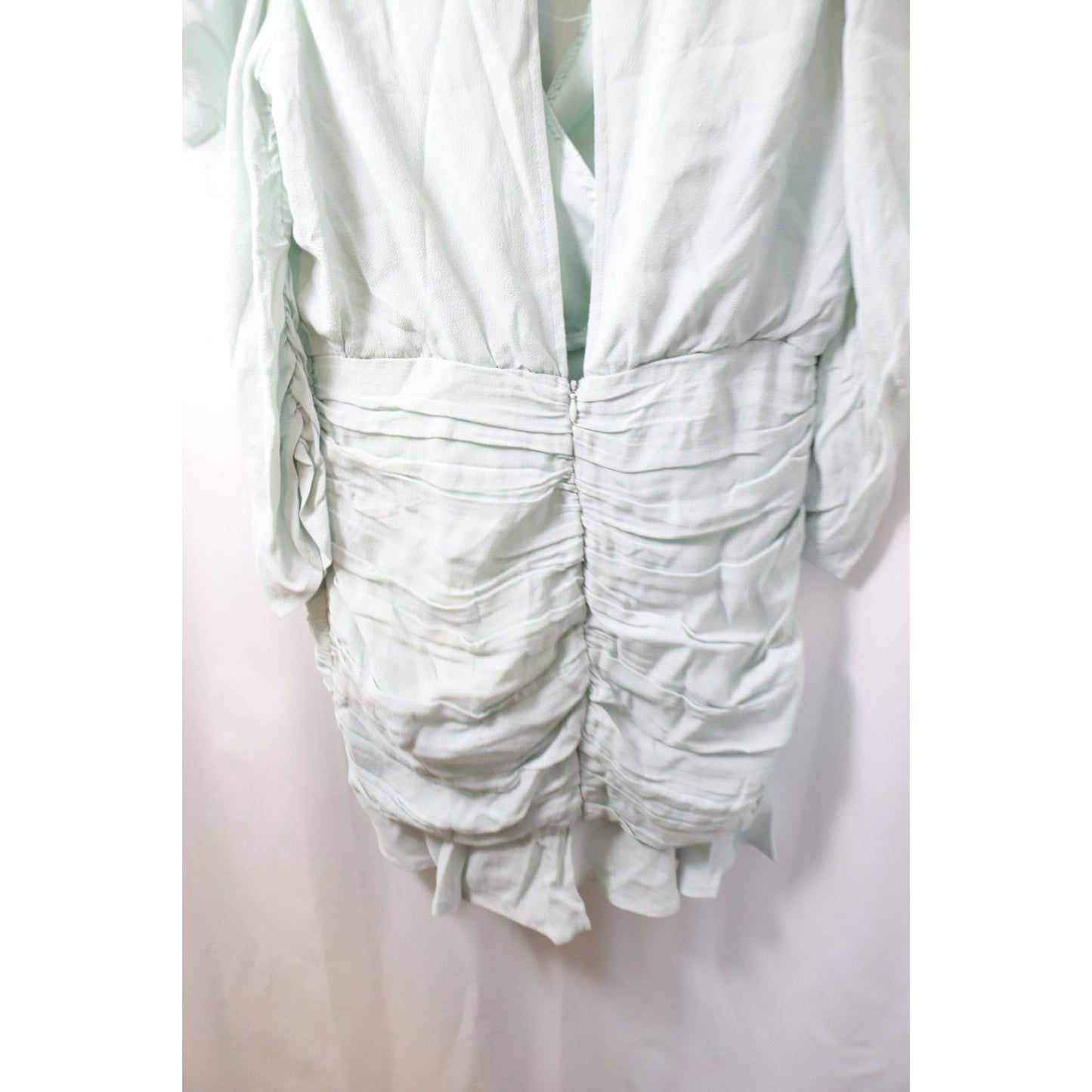 NWT Forever 21 Small Light Green Dress Bodycon V Neck Ruching Long Sleeve