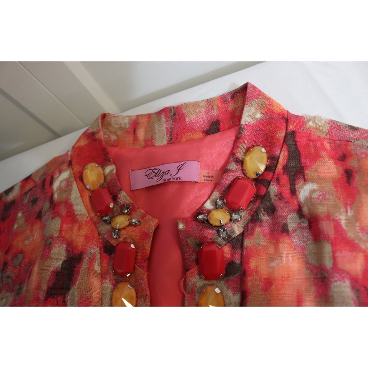 Eliza J New York Size 8 Coral Brown Taupe Rhinestone Linen Blend Sheath