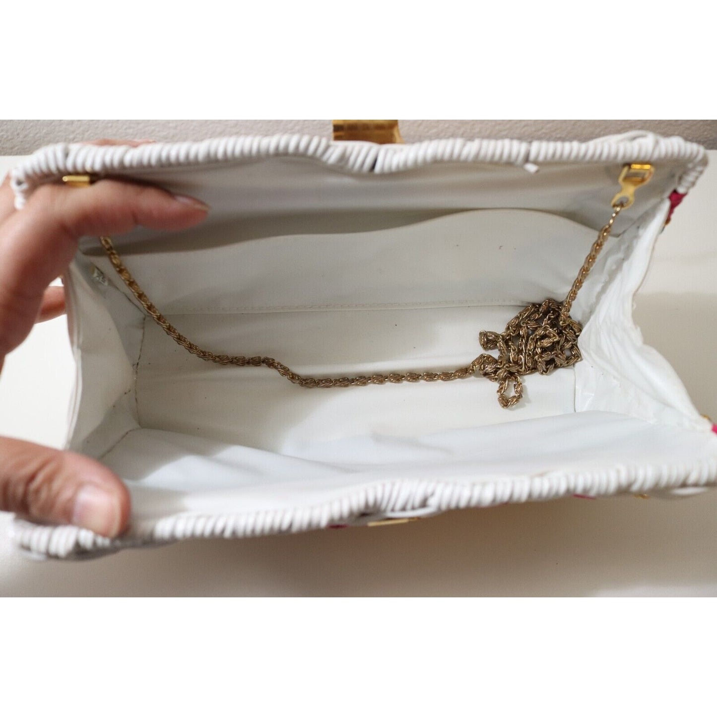 1960’s Rainbow Striped White Wicker Woven Basket Purse Bag Gold Tone Chain Strap