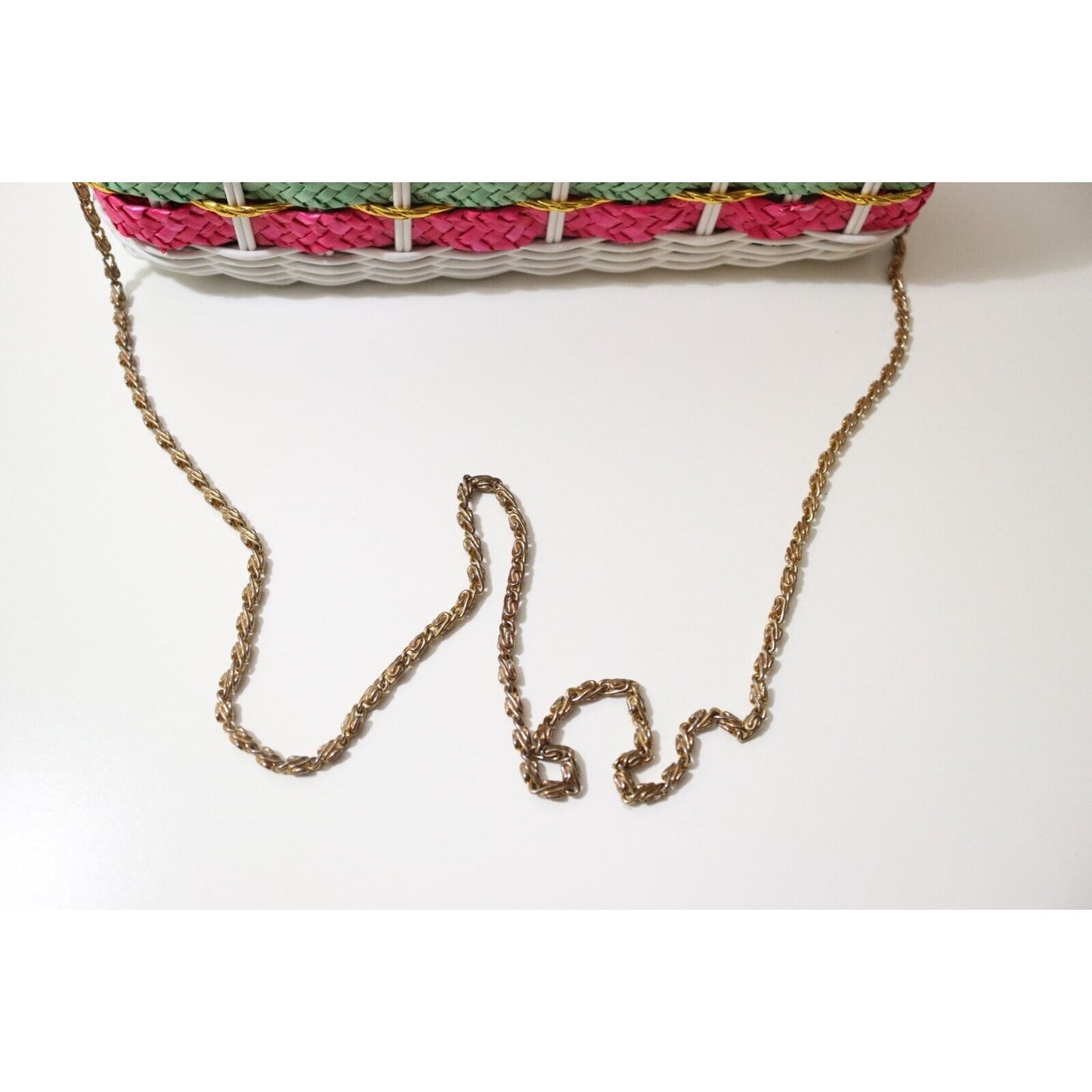 1960’s Rainbow Striped White Wicker Woven Basket Purse Bag Gold Tone Chain Strap
