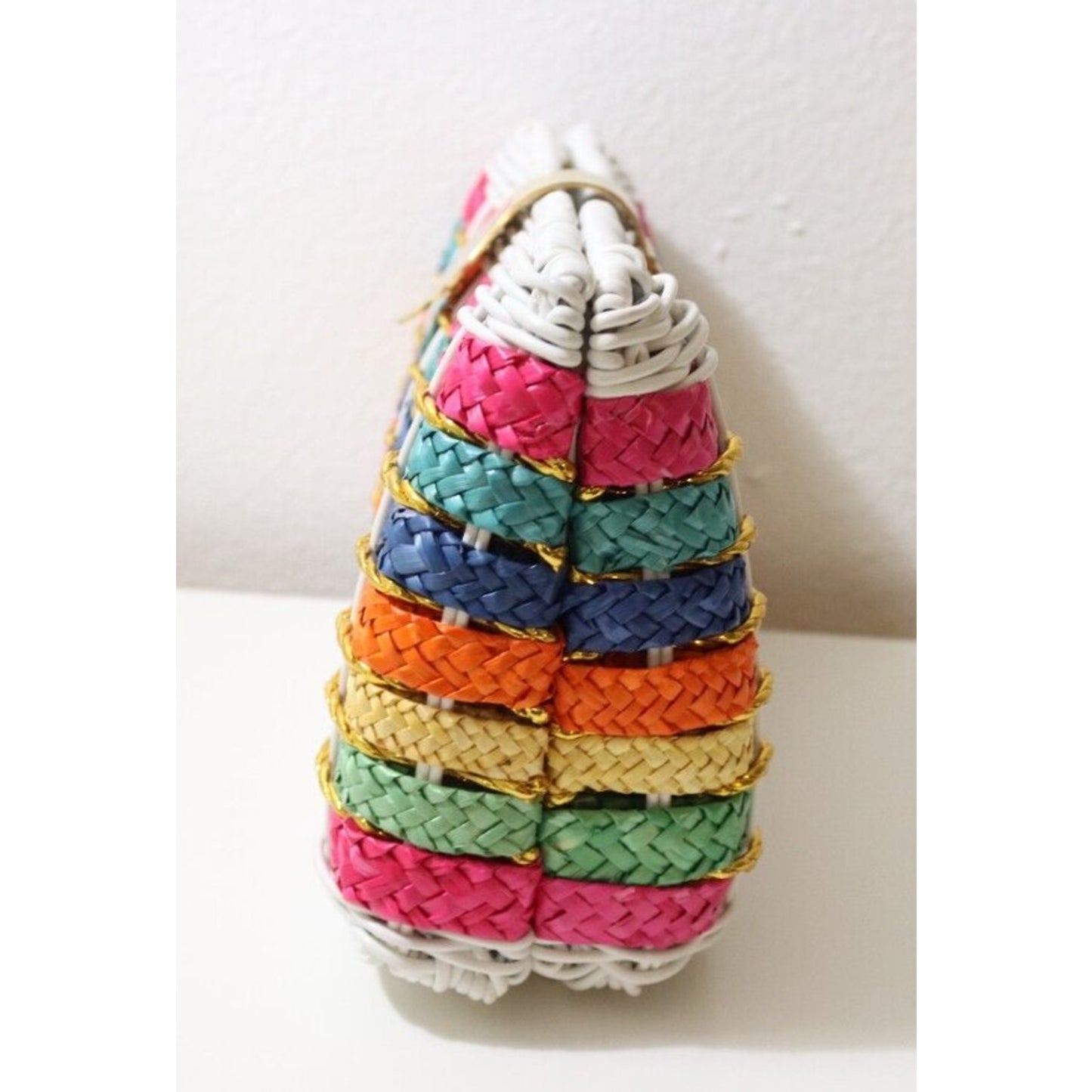 1960’s Rainbow Striped White Wicker Woven Basket Purse Bag Gold Tone Chain Strap