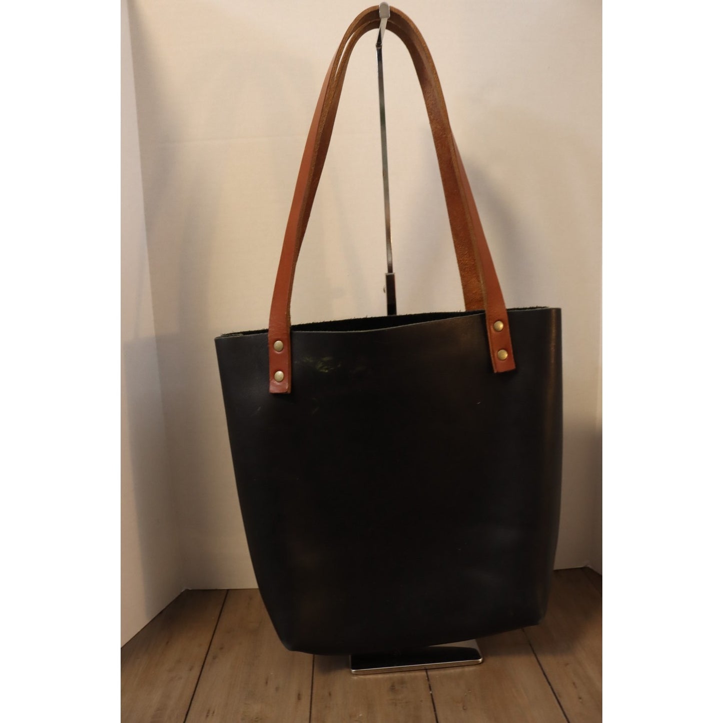 Portland Leather Goods Black Open Tote Bag Double Handle Smooth Classic