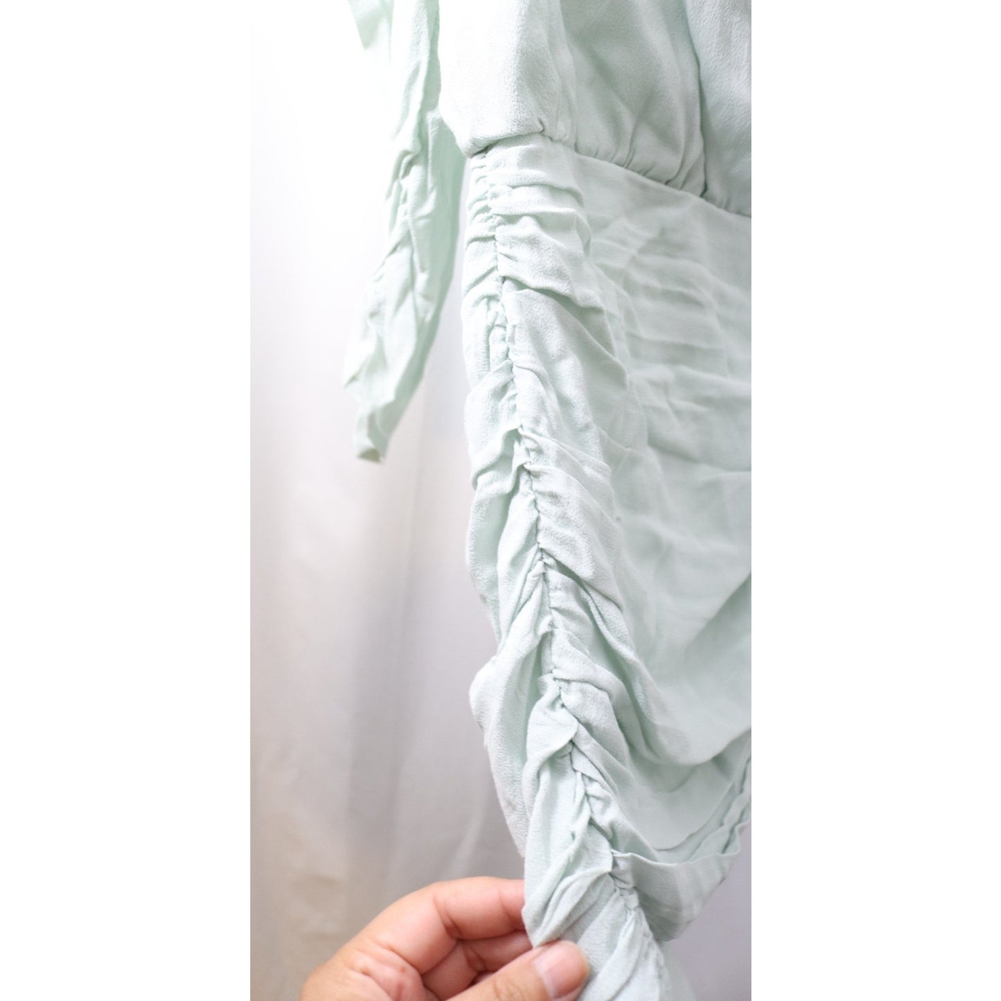 NWT Forever 21 Small Light Green Dress Bodycon V Neck Ruching Long Sleeve