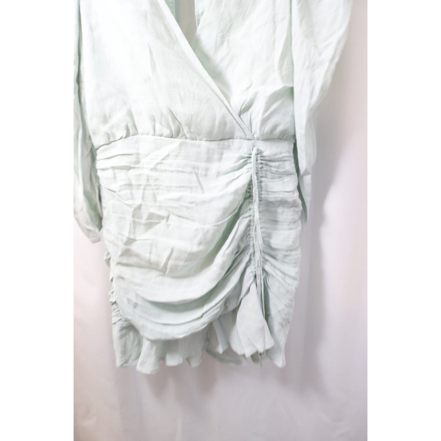 NWT Forever 21 Small Light Green Dress Bodycon V Neck Ruching Long Sleeve