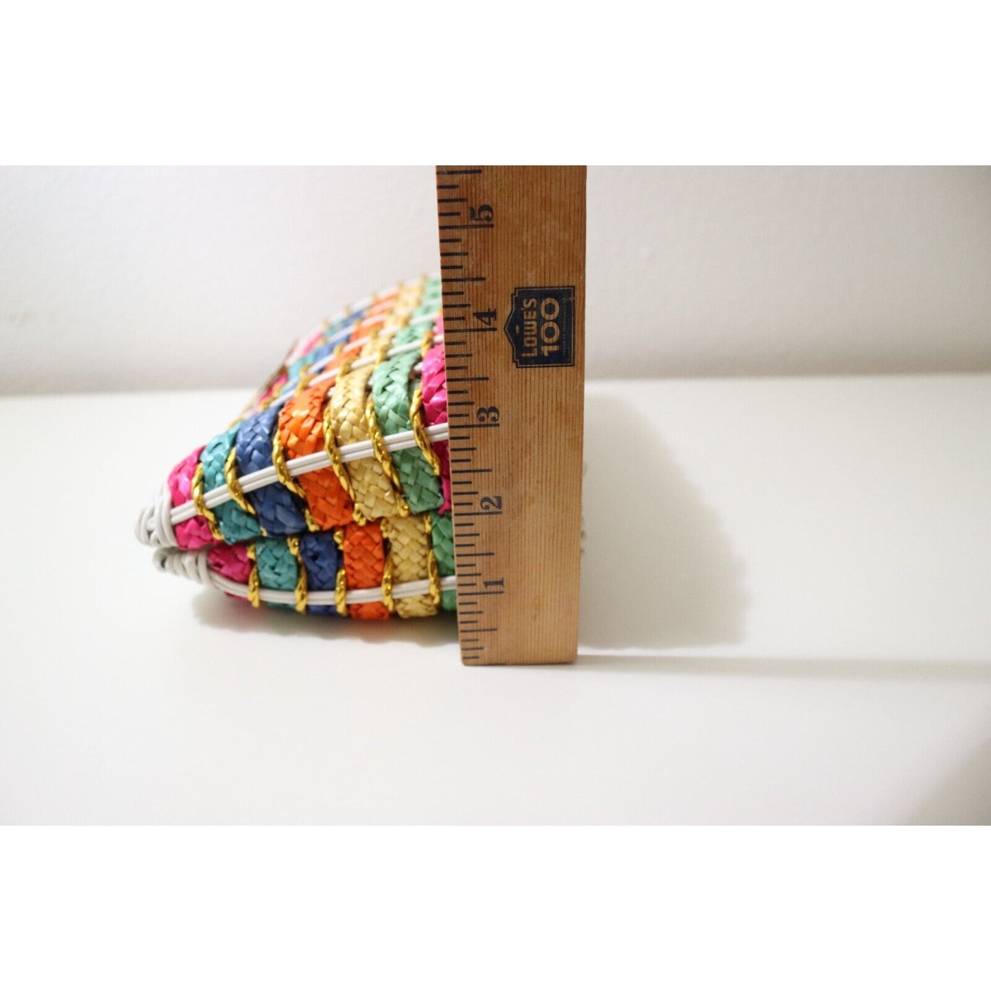 1960’s Rainbow Striped White Wicker Woven Basket Purse Bag Gold Tone Chain Strap