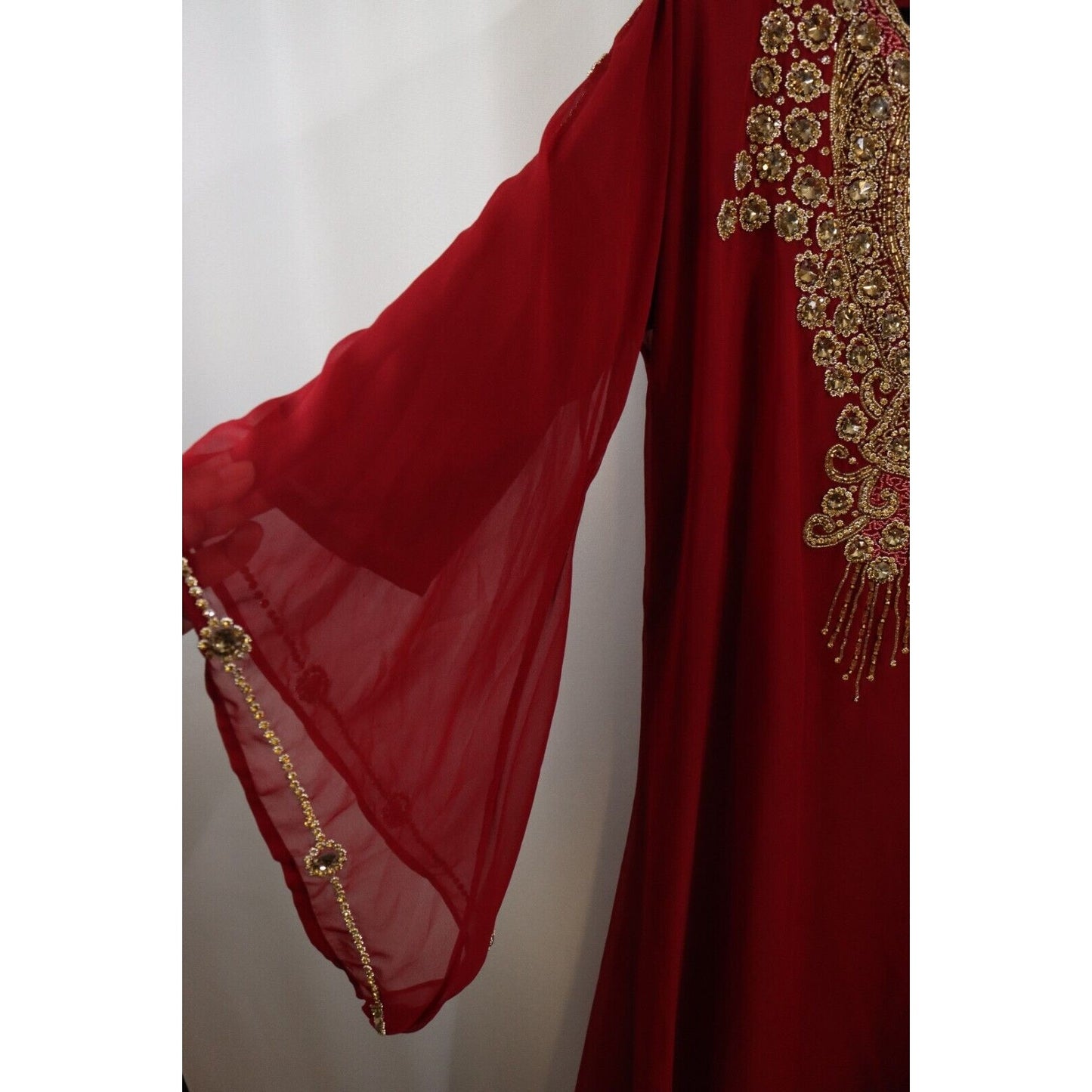 Abaya Kaftan Red Beaded Sheer Lined Size 58