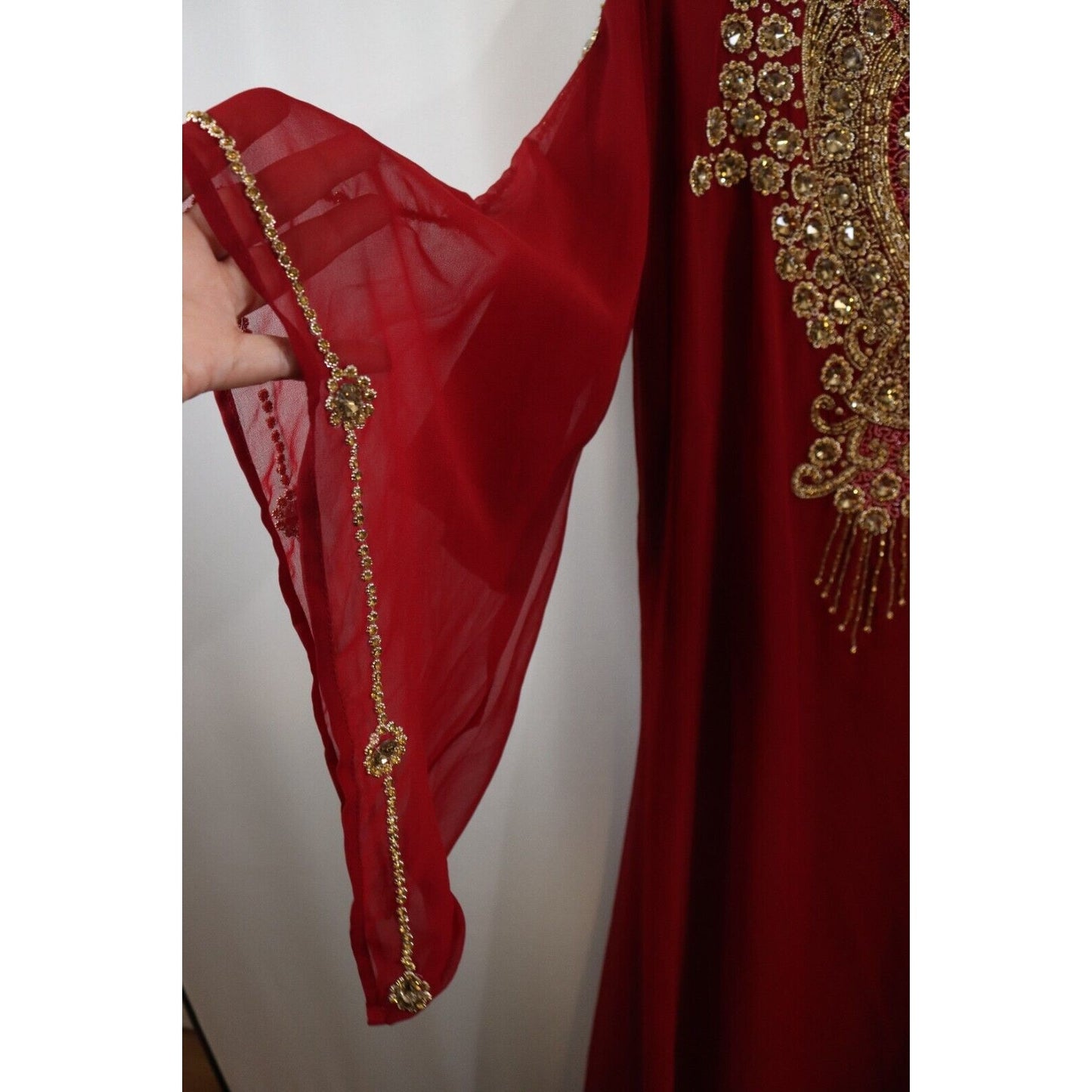 Abaya Kaftan Red Beaded Sheer Lined Size 58