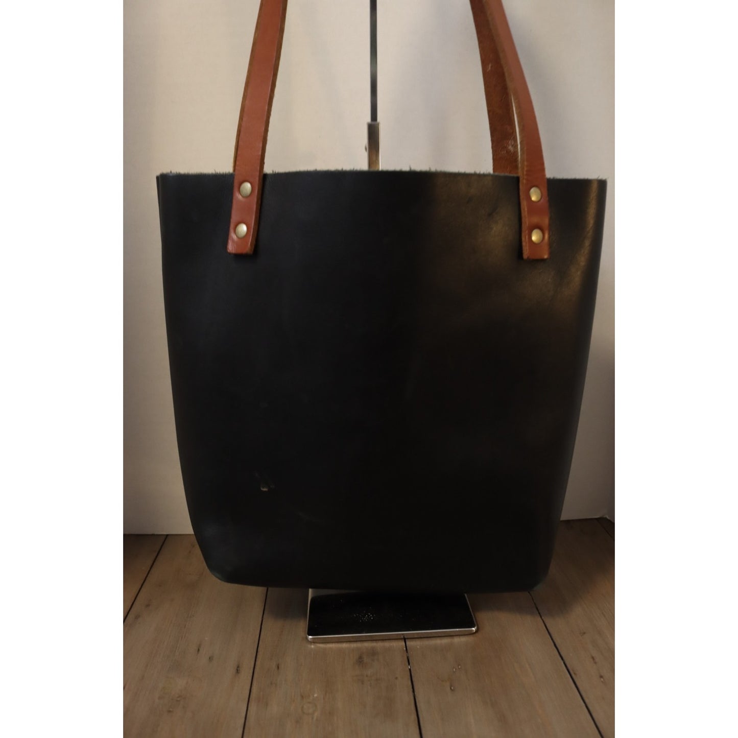 Portland Leather Goods Black Open Tote Bag Double Handle Smooth Classic