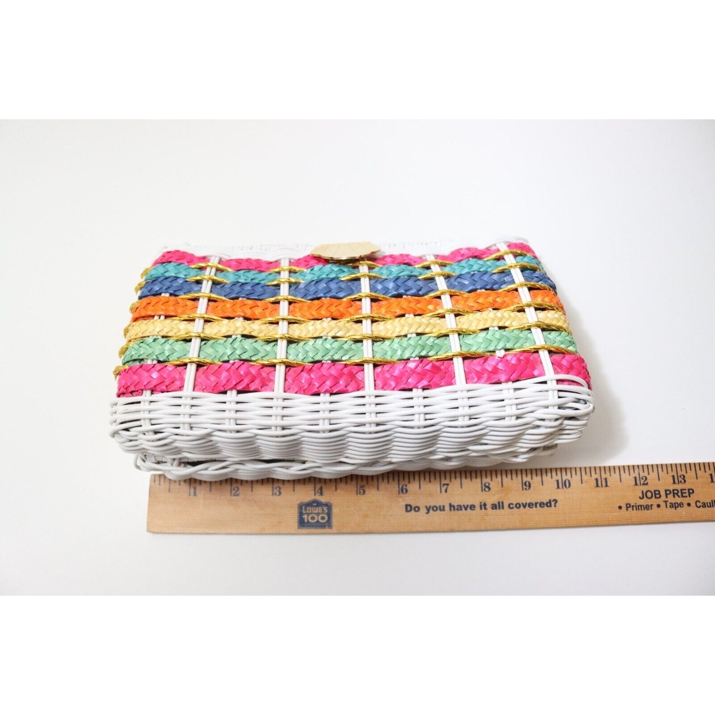 1960’s Rainbow Striped White Wicker Woven Basket Purse Bag Gold Tone Chain Strap
