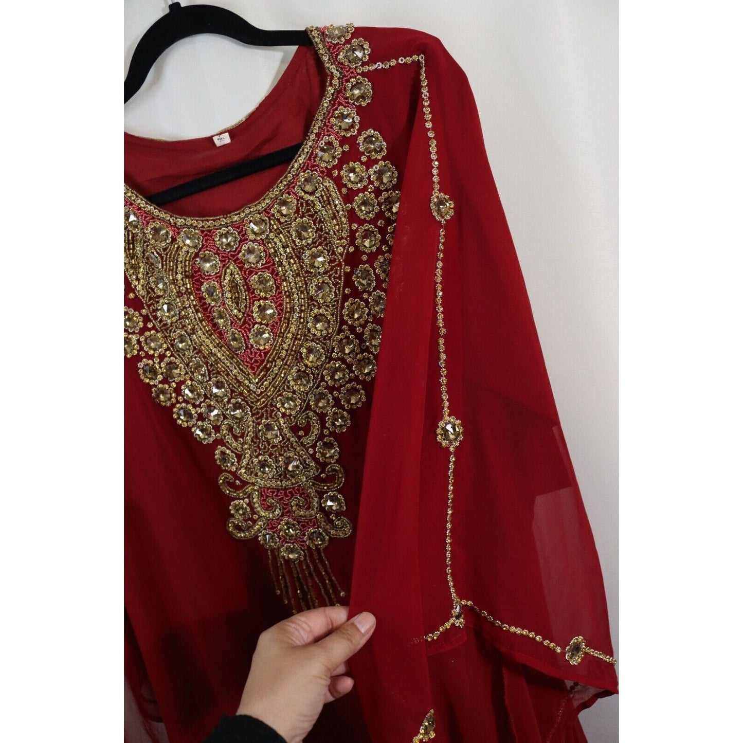 Abaya Kaftan Red Beaded Sheer Lined Size 58