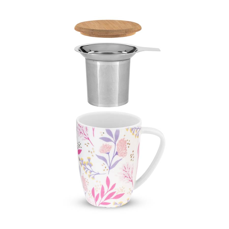 Ceramic Tea Mug | Botanical Bliss Design with Bamboo Infuser