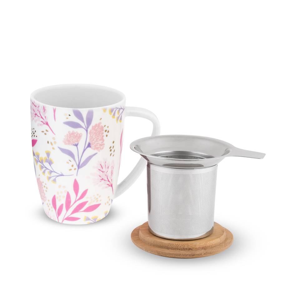 Ceramic Tea Mug | Botanical Bliss Design with Bamboo Infuser