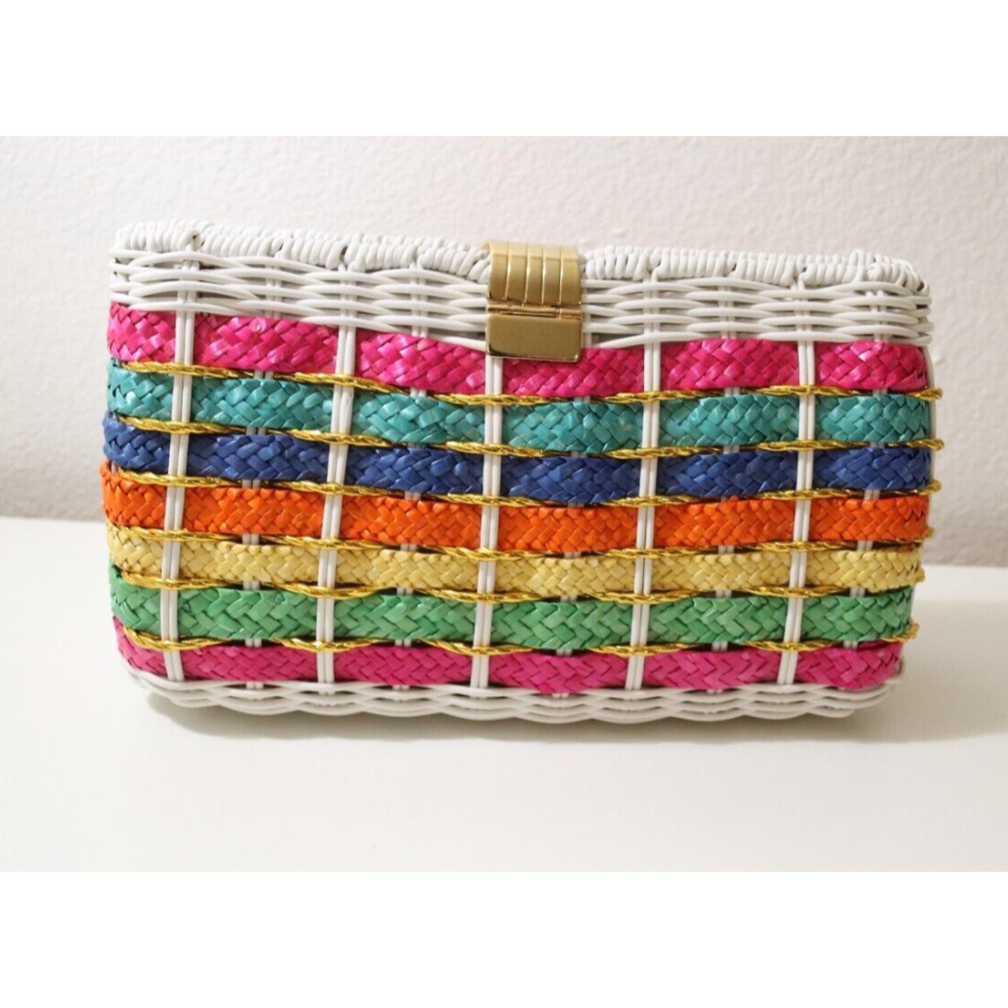 1960’s Rainbow Striped White Wicker Woven Basket Purse Bag Gold Tone Chain Strap