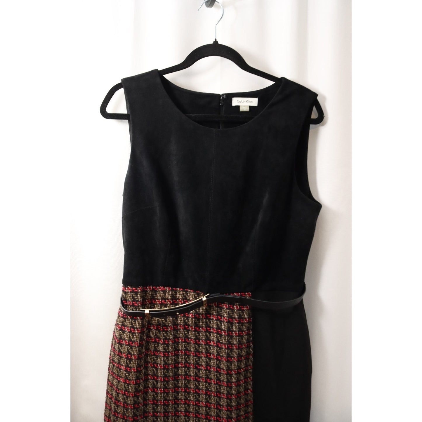 Calvin Klein Black/Brown/Red 12 Pencil Dress Belt Tweed Lined Zip Sleeveless