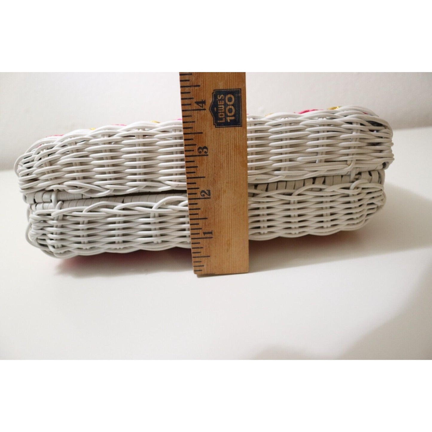 1960’s Rainbow Striped White Wicker Woven Basket Purse Bag Gold Tone Chain Strap