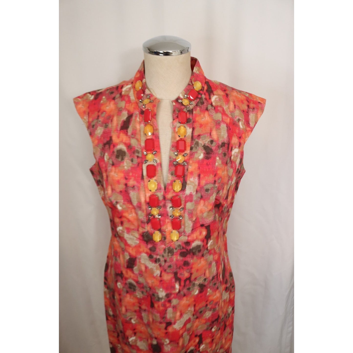 Eliza J New York Size 8 Coral Brown Taupe Rhinestone Linen Blend Sheath