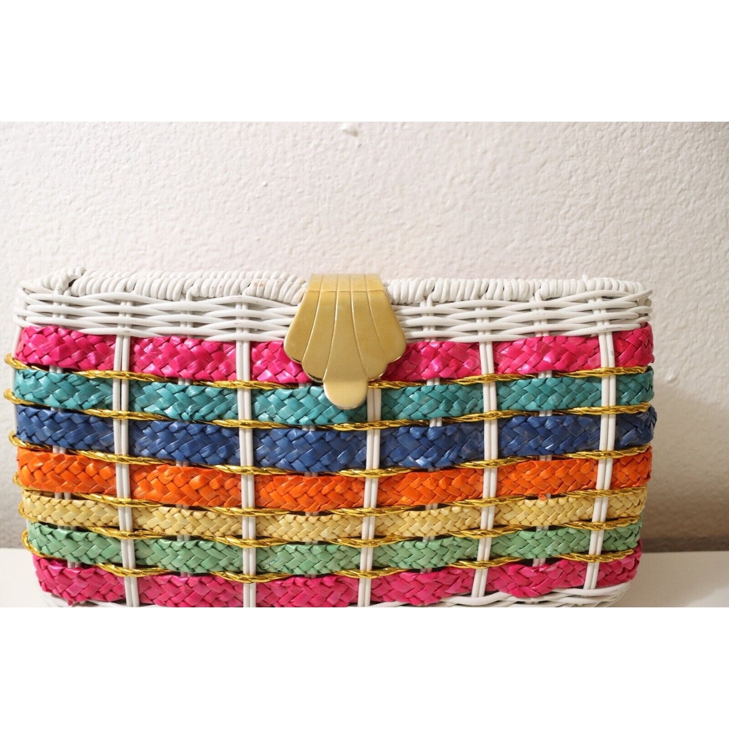 1960’s Rainbow Striped White Wicker Woven Basket Purse Bag Gold Tone Chain Strap
