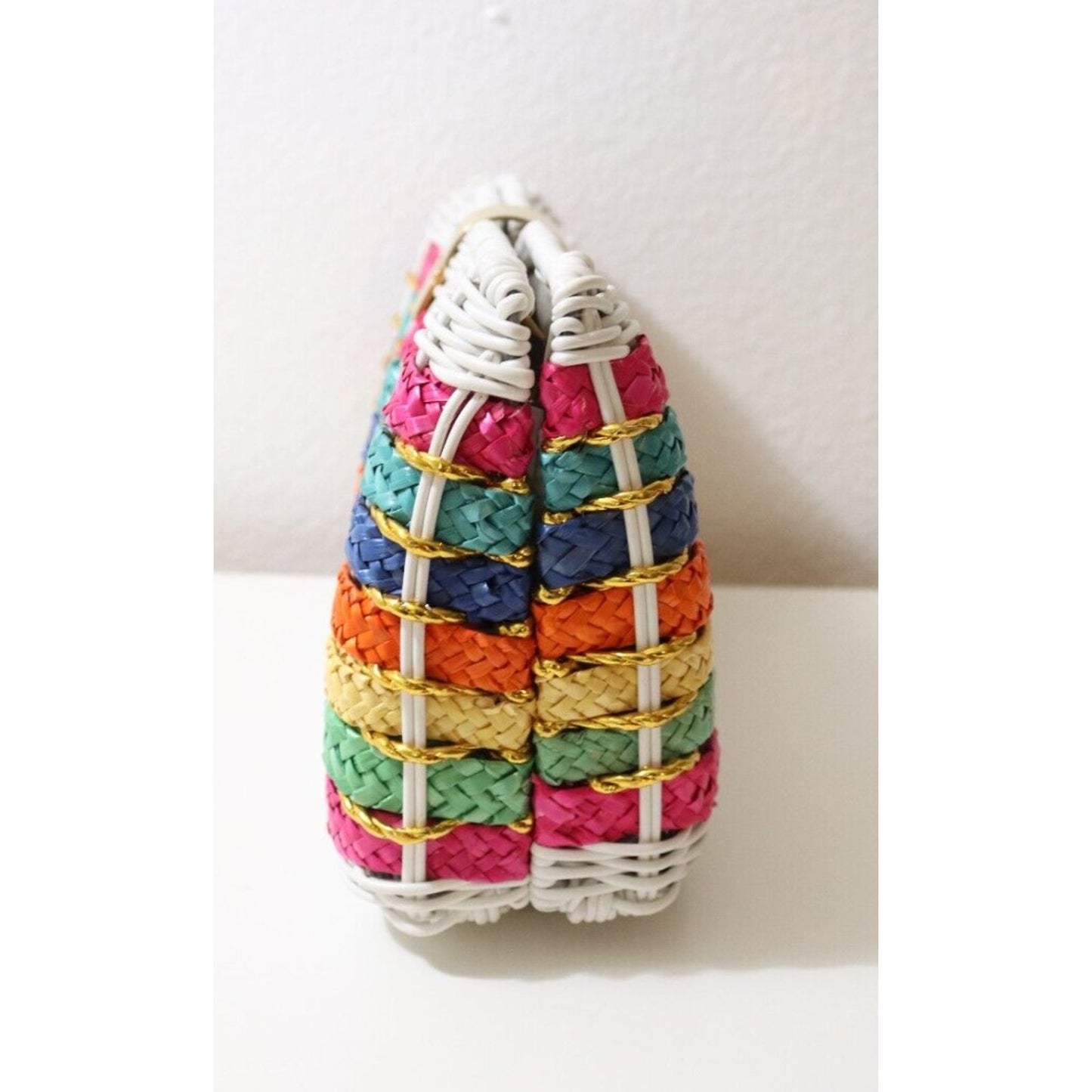 1960’s Rainbow Striped White Wicker Woven Basket Purse Bag Gold Tone Chain Strap