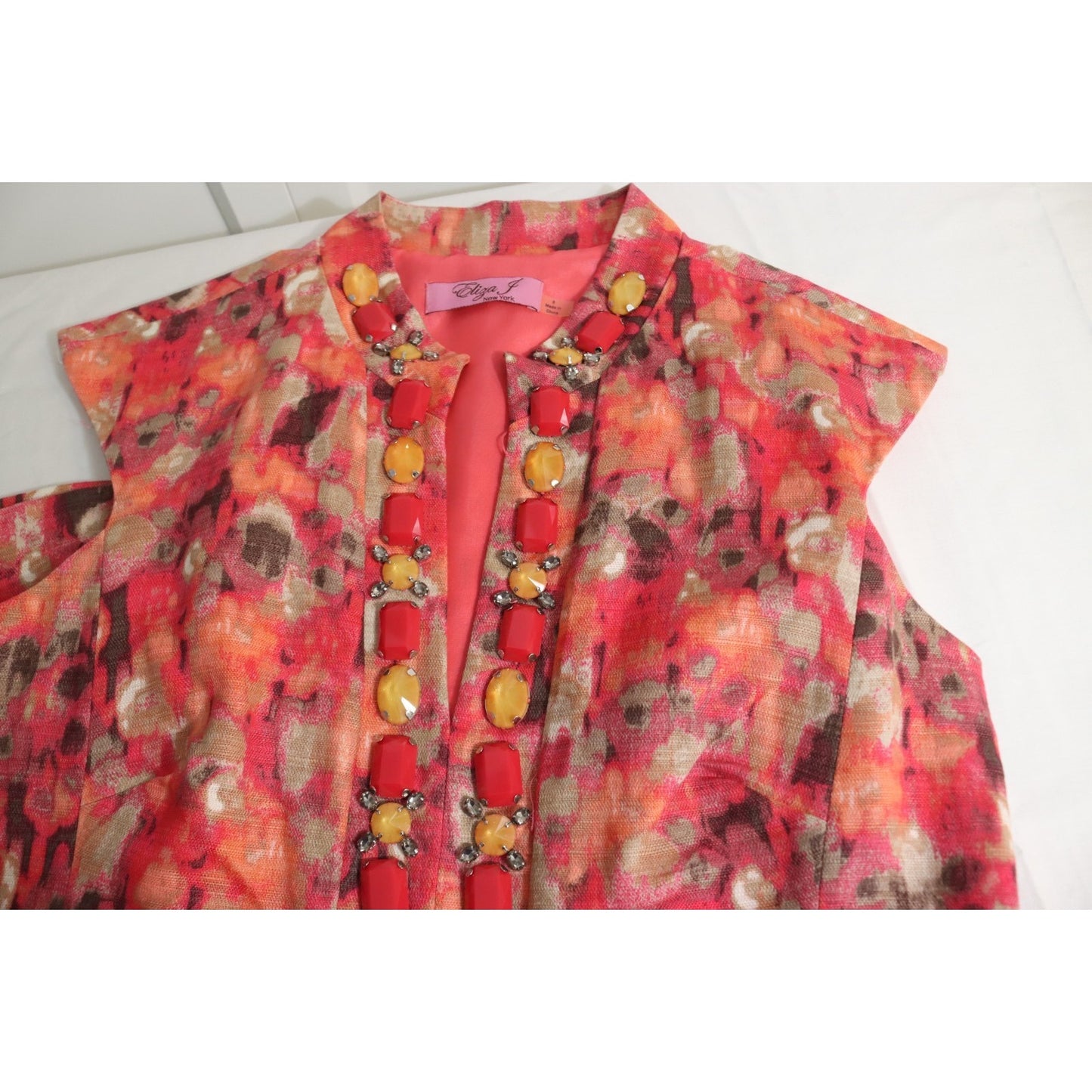 Eliza J New York Size 8 Coral Brown Taupe Rhinestone Linen Blend Sheath